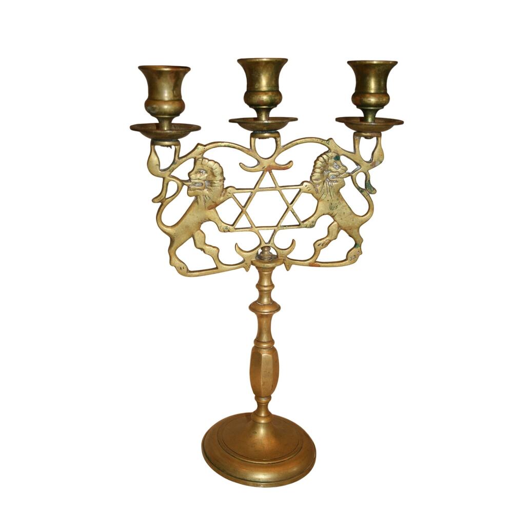 Antique Judea Lions Three-Armed Shabbat Candelabra